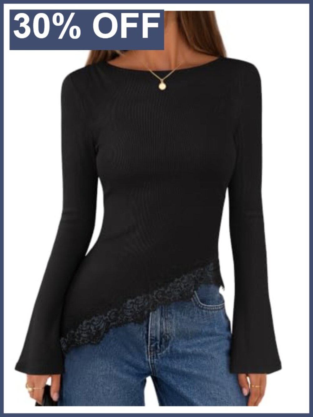 Women's Lace Asymmetrical Ribbed Long Sleeve Top